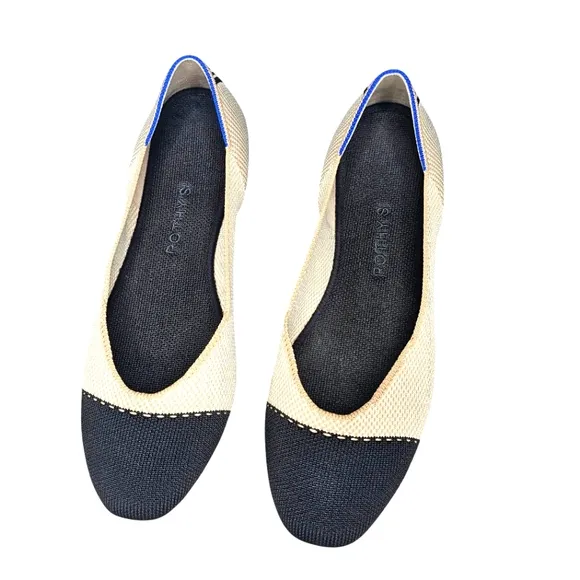 Rothy's The Square Tuxedo Cream W/ Black CapToe Washable Comfort Flat Shoes 10.5