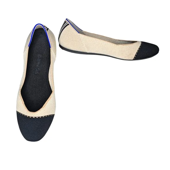 Rothy's The Square Tuxedo Cream W/ Black CapToe Washable Comfort Flat Shoes 10.5
