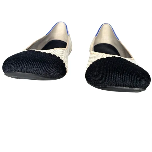 Rothy's The Square Tuxedo Cream W/ Black CapToe Washable Comfort Flat Shoes 10.5