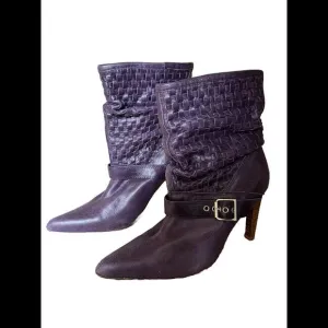 😎💜RSVP Pointed Toe Purple Leather Buckle Braided Detail Stacked Heel Sz 5 1/2