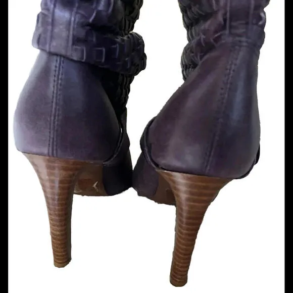 😎💜RSVP Pointed Toe Purple Leather Buckle Braided Detail Stacked Heel Sz 5 1/2
