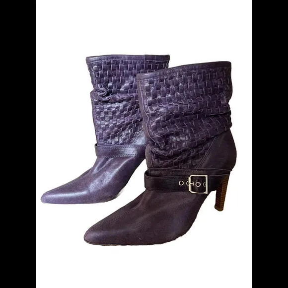 😎💜RSVP Pointed Toe Purple Leather Buckle Braided Detail Stacked Heel Sz 5 1/2