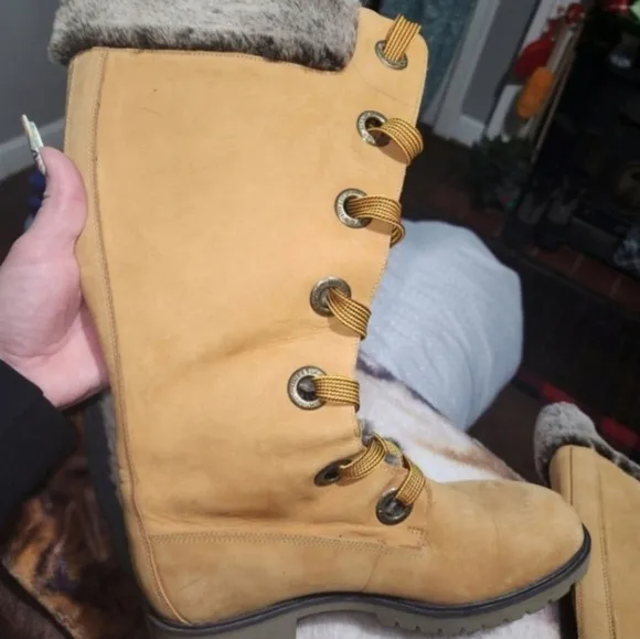 🤑SALE🤑SUPER RARE Y2K!Timberland Mirney Faux Fur Lace up  Knee High Women Boots