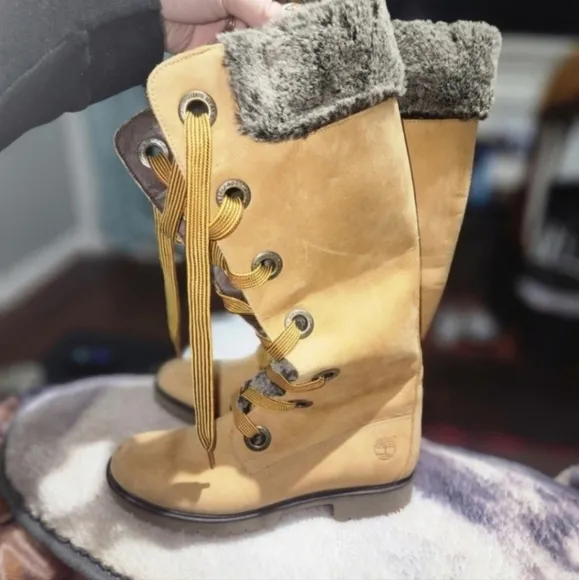🤑SALE🤑SUPER RARE Y2K!Timberland Mirney Faux Fur Lace up  Knee High Women Boots