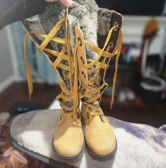 🤑SALE🤑SUPER RARE Y2K!Timberland Mirney Faux Fur Lace up  Knee High Women Boots