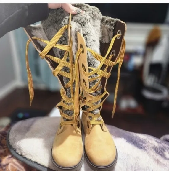 🤑SALE🤑SUPER RARE Y2K!Timberland Mirney Faux Fur Lace up  Knee High Women Boots