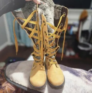 🤑SALE🤑SUPER RARE Y2K!Timberland Mirney Faux Fur Lace up  Knee High Women Boots