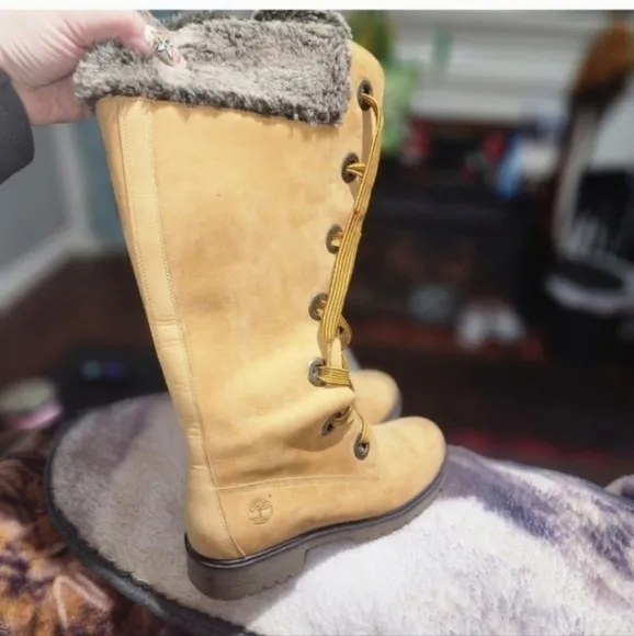 🤑SALE🤑SUPER RARE Y2K!Timberland Mirney Faux Fur Lace up  Knee High Women Boots
