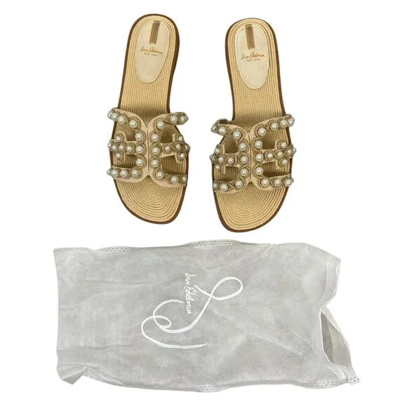 Sam Edelman Bay Pearl Slide Flat Sandals Raffia Beachy Summer Sand Linen Sz 12M