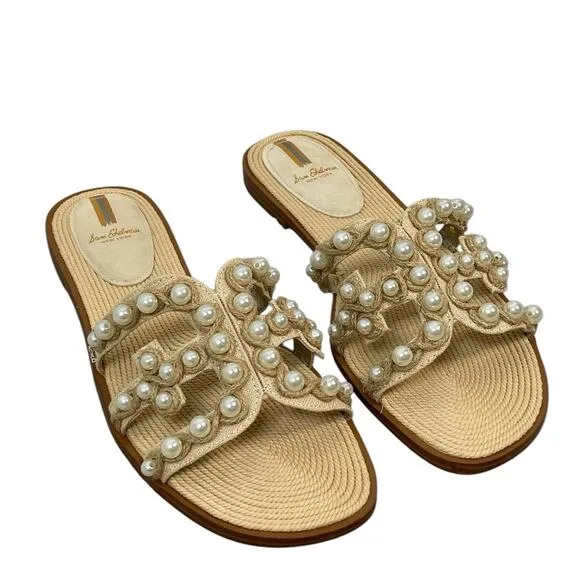 Sam Edelman Bay Pearl Slide Flat Sandals Raffia Beachy Summer Sand Linen Sz 12M