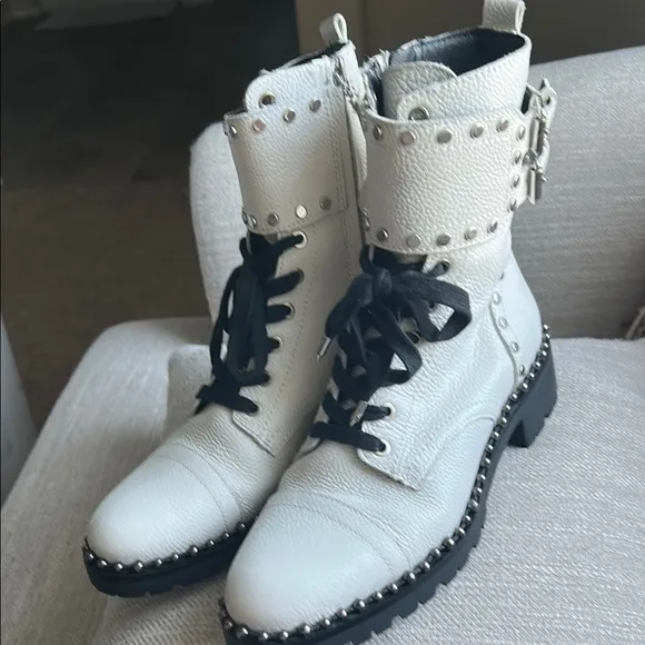 Sam Edelman Jennifer leather White and Black moto combat  size 7.5