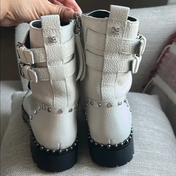 Sam Edelman Jennifer leather White and Black moto combat  size 7.5
