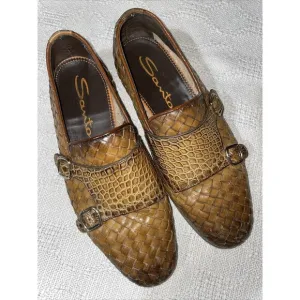 Santoni Women’s Double Monk Weave Shoes Size 38 U.S. 7 M Brown Leather Comfort