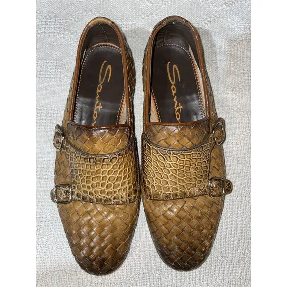 Santoni Women’s Double Monk Weave Shoes Size 38 U.S. 7 M Brown Leather Comfort