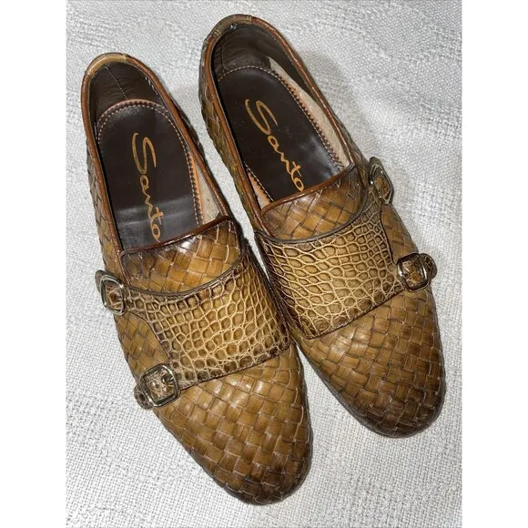 Santoni Women’s Double Monk Weave Shoes Size 38 U.S. 7 M Brown Leather Comfort