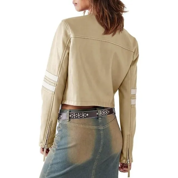 Saodimallsu Women’s Faux Leather apricot Jackets Zip Up Collar Cropped coat
