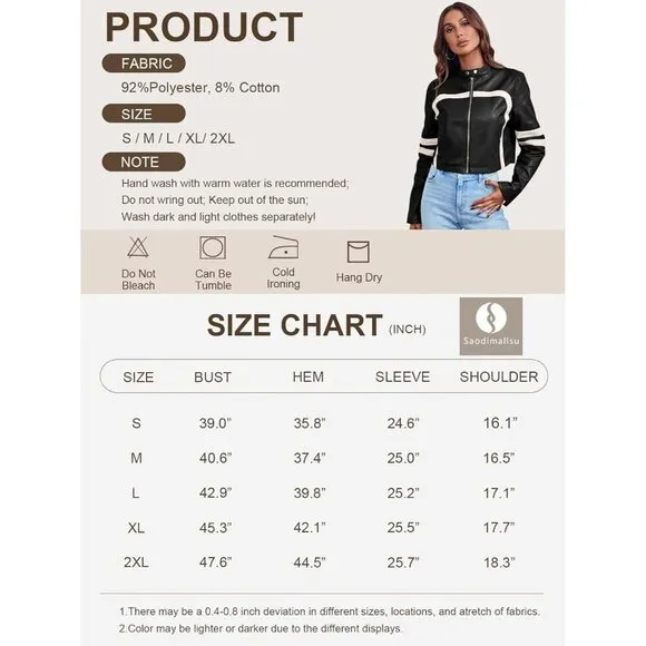 Saodimallsu Women’s Faux Leather apricot Jackets Zip Up Collar Cropped coat