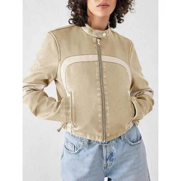 Saodimallsu Women’s Faux Leather apricot Jackets Zip Up Collar Cropped coat