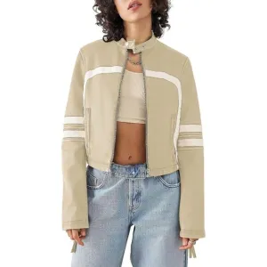 Saodimallsu Women’s Faux Leather apricot Jackets Zip Up Collar Cropped coat