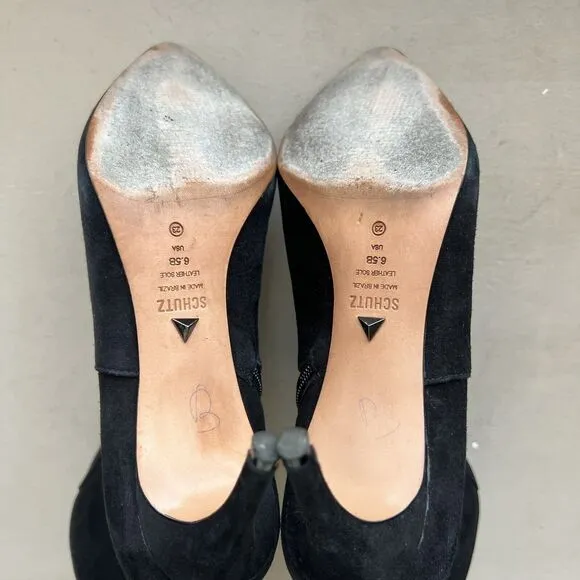 Schutz Bette Black Suede Pointed Toe Ankle Heeled Bootie Side Zip Women’s 6.5 B