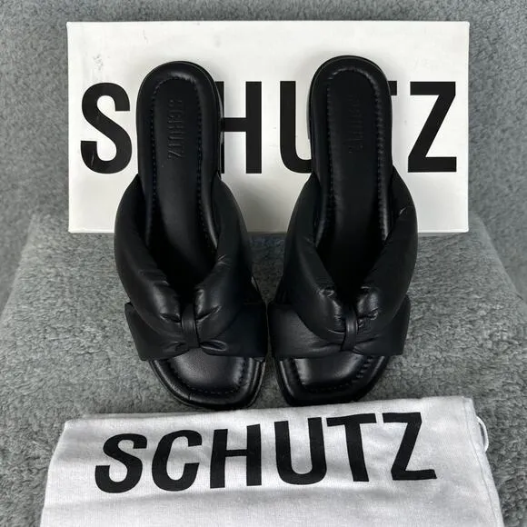 Schutz Fairy Slide Sandals Black Size 7.5 Leather NIB Puffer Straps