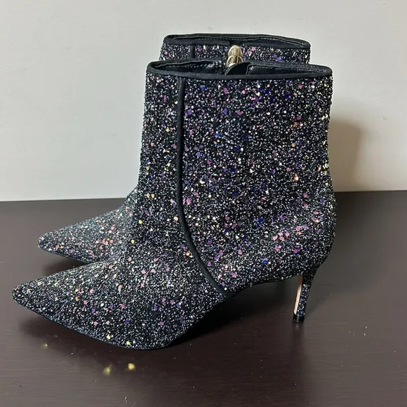 Schutz Glitter Ankle Boots Black Sequin Sparkle Leather Anthropologie Sz 6