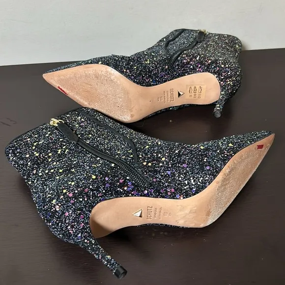 Schutz Glitter Ankle Boots Black Sequin Sparkle Leather Anthropologie Sz 6