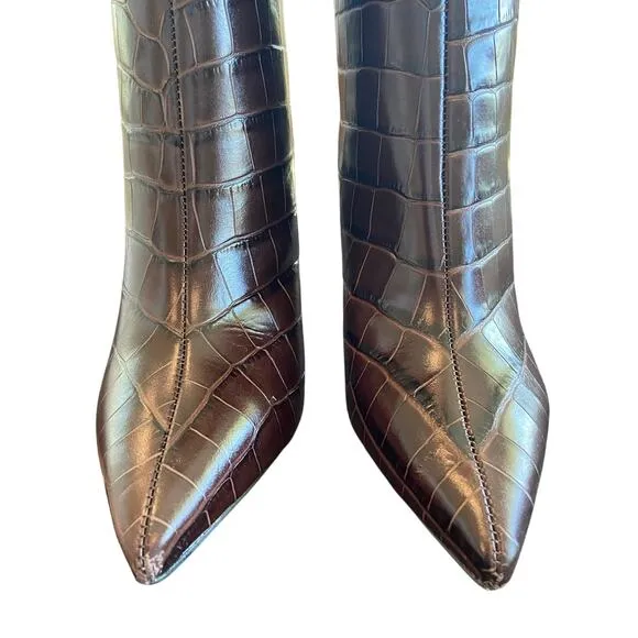Schutz Maryana Crocodile Embossed Leather Tall Boots Pointed Toe Chocolate 7.5B