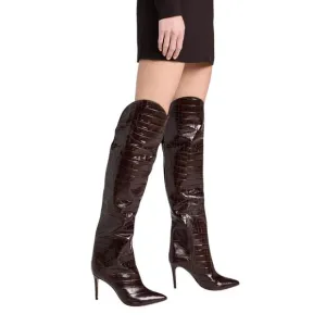 Schutz Maryana Crocodile Embossed Leather Tall Boots Pointed Toe Chocolate 7.5B
