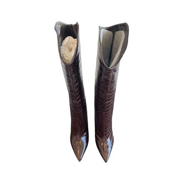 Schutz Maryana Crocodile Embossed Leather Tall Boots Pointed Toe Chocolate 7.5B