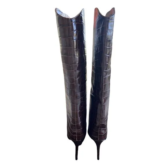Schutz Maryana Crocodile Embossed Leather Tall Boots Pointed Toe Chocolate 7.5B