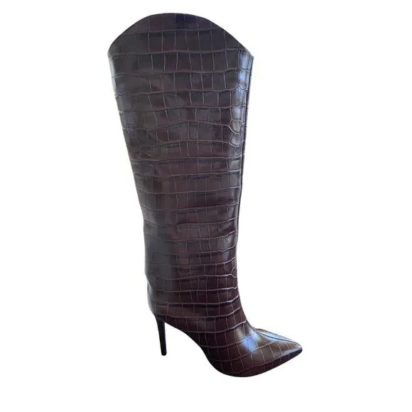 Schutz Maryana Crocodile Embossed Leather Tall Boots Pointed Toe Chocolate 7.5B