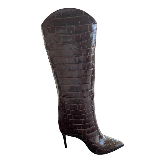 Schutz Maryana Crocodile Embossed Leather Tall Boots Pointed Toe Chocolate 7.5B