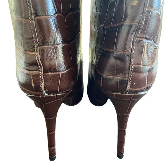 Schutz Maryana Crocodile Embossed Leather Tall Boots Pointed Toe Chocolate 7.5B