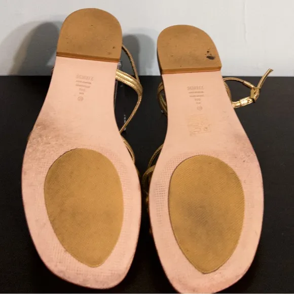 Schutz Octavia Gold Metallic Leather Strappy Flat Slingback Sandals, size 10.