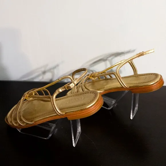 Schutz Octavia Gold Metallic Leather Strappy Flat Slingback Sandals, size 10.