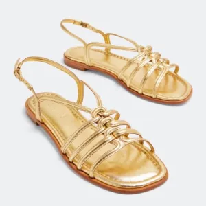 Schutz Octavia Gold Metallic Leather Strappy Flat Slingback Sandals, size 10.
