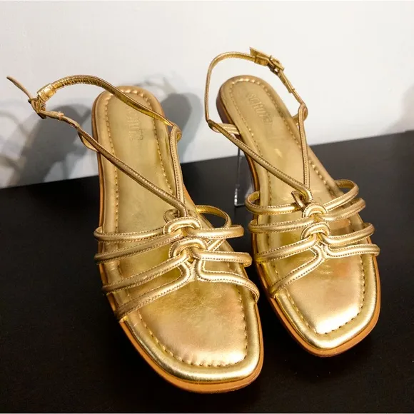 Schutz Octavia Gold Metallic Leather Strappy Flat Slingback Sandals, size 10.