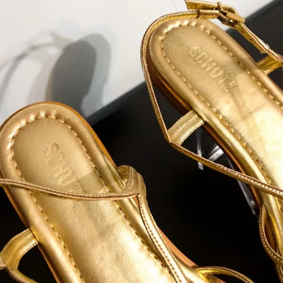 Schutz Octavia Gold Metallic Leather Strappy Flat Slingback Sandals, size 10.