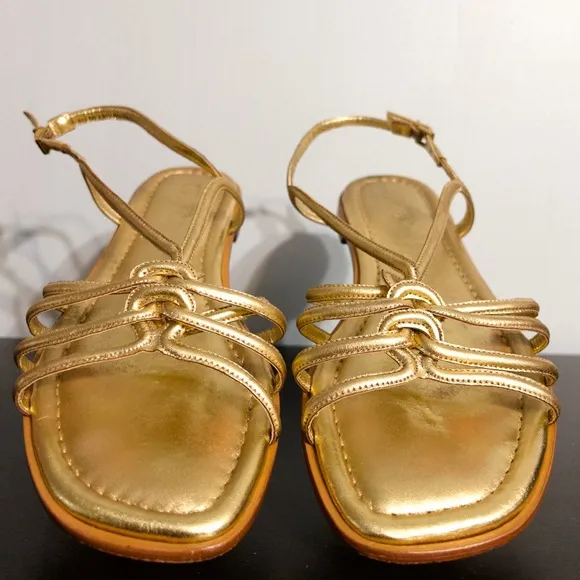 Schutz Octavia Gold Metallic Leather Strappy Flat Slingback Sandals, size 10.