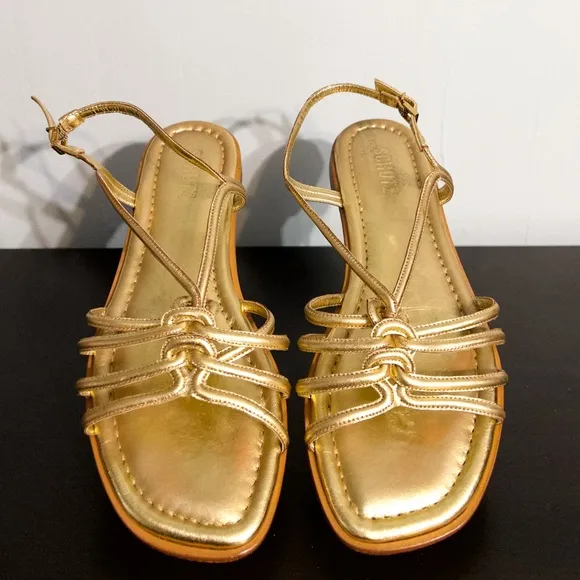 Schutz Octavia Gold Metallic Leather Strappy Flat Slingback Sandals, size 10.