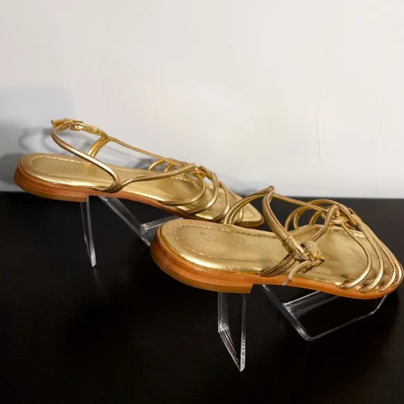 Schutz Octavia Gold Metallic Leather Strappy Flat Slingback Sandals, size 10.
