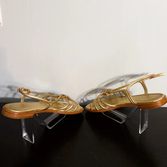 Schutz Octavia Gold Metallic Leather Strappy Flat Slingback Sandals, size 10.