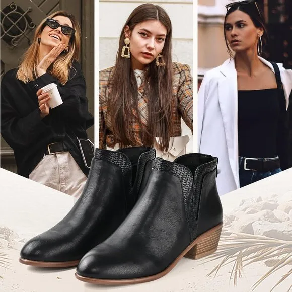SDONY Ankle Boots Women's Black Low Heels Chunky Fashion Zipper Dressy Booties