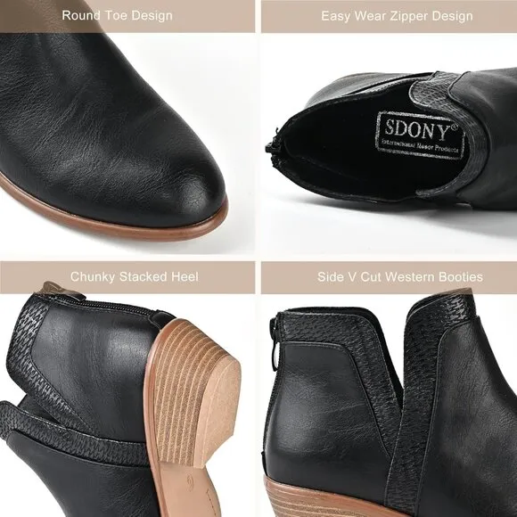SDONY Ankle Boots Women's Black Low Heels Chunky Fashion Zipper Dressy Booties