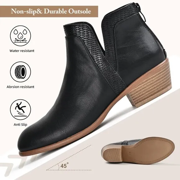 SDONY Ankle Boots Women's Black Low Heels Chunky Fashion Zipper Dressy Booties