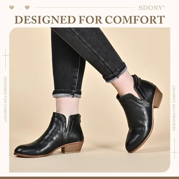 SDONY Ankle Boots Women's Black Low Heels Chunky Fashion Zipper Dressy Booties