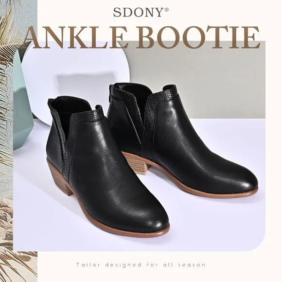 SDONY Ankle Boots Women's Black Low Heels Chunky Fashion Zipper Dressy Booties
