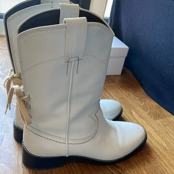 See by Chloe Boots Womens Leather Cowboy Boots White Boots Size 38