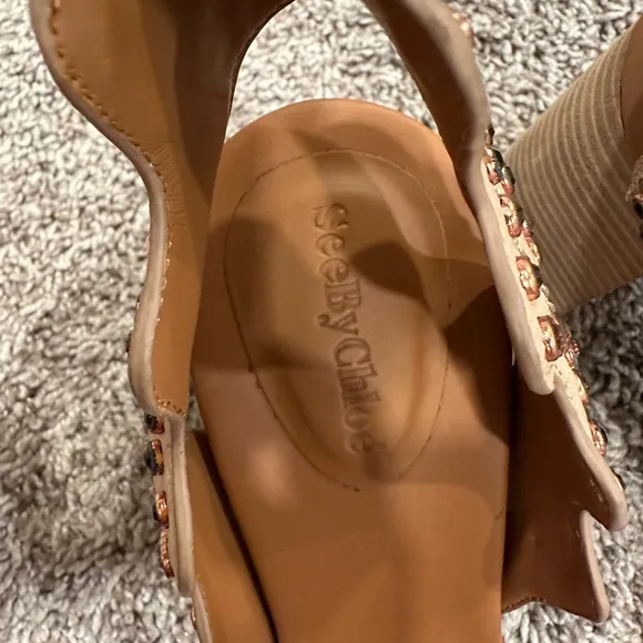 See By Chloe Embellished Nude Leather Sandals Heels Size 41 *damaged*